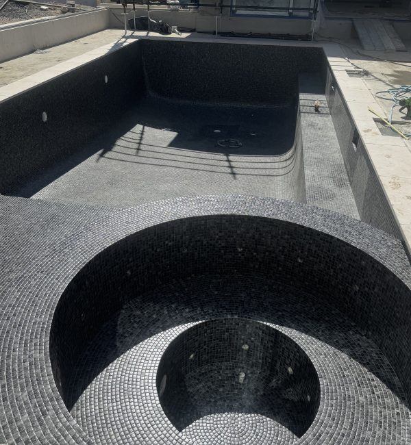 Large sized dark coloured pool with round spa, Northern Beaches